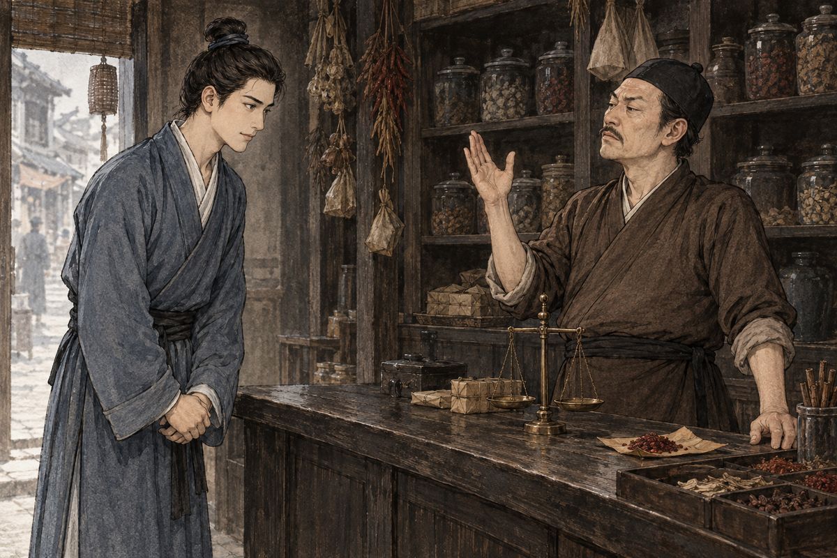 Outside, Baoyu met Jia Yun, a poor clan nephew who was begging Jia Lian for a job. Hoping to win favour with a gift, Jia Yun asked his uncle Bu Shiren for musk and borneol on credit. The spice-seller refused with a sneer and lectured him about his idle habits.