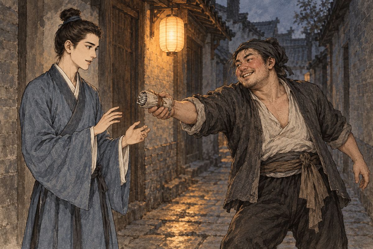 Walking home in a black mood, Jia Yun bumped into his neighbour Ni Er, a drunken moneylender. Ni Er nearly hit him, then heard his story and grew indignant for him. He pulled out fifteen taels of silver, wanting no interest and no contract. "If you want to write papers, give me back the silver."