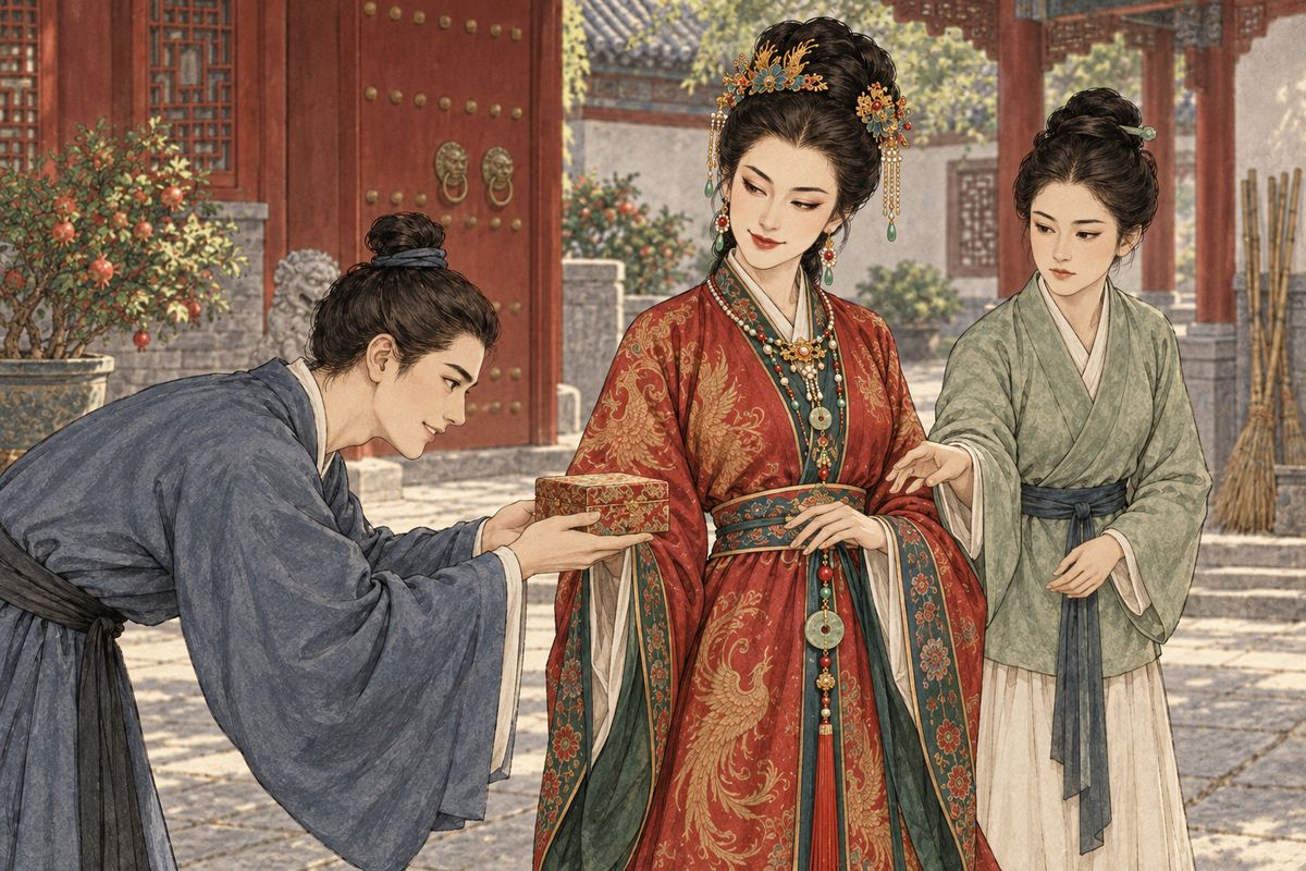 Jia Yun bought musk and borneol and waylaid Xifeng in her courtyard. He praised her tireless management and presented the incense as the only fitting home for it. Delighted, she kept the job to herself for a day, then granted him the tree planting and two hundred taels. He repaid Ni Er at dawn.