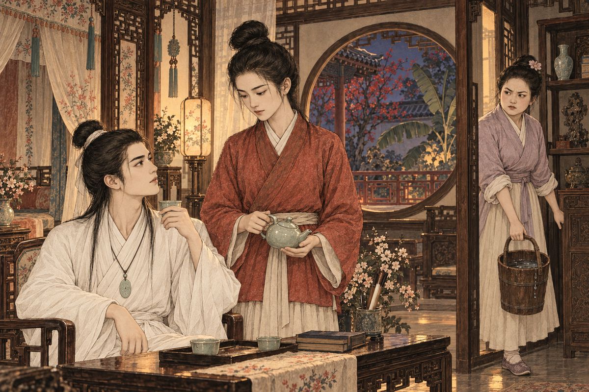 One evening all Baoyu's chief maids happened to be away. When he wanted tea, a lowly maid named Xiaohong slipped in and poured it. At last she had her chance to be noticed. Then Qiuwen came back with a bucket of water and caught her.