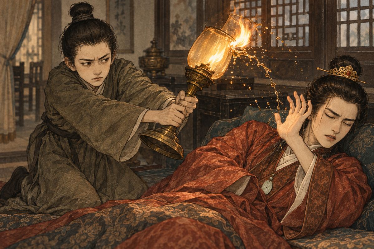 Jia Huan had been sent to copy a sutra in Lady Wang's room. When Baoyu came home tipsy and lay down to tease Caixia, the girl Jia Huan liked, Huan pretended to slip and pushed a burning oil lamp into his brother's face. Baoyu's left cheek blistered, and Lady Wang turned her fury on Concubine Zhao.