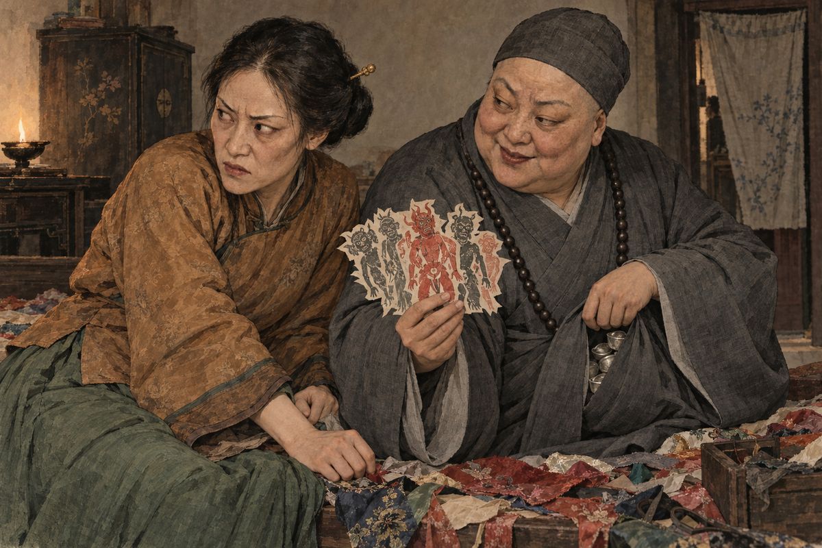 Nun Ma, Baoyu's godmother, visited Concubine Zhao, who poured out her hatred of Baoyu and Xifeng. For her savings and a five-hundred-tael IOU, the nun handed over two paper figures and ten blue-faced paper demons. Their birth dates were to be written on the figures, which would be hidden in their beds.