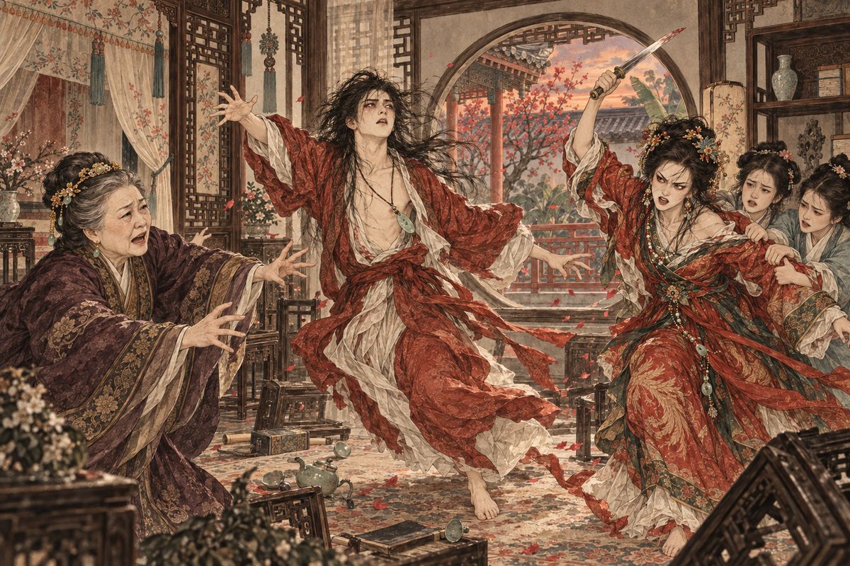A few days later Baoyu cried out, "My head!", leapt into the air and raved. Xifeng burst into the garden swinging a blade. The whole household came running. Doctors, charms and exorcists all failed. For three days the pair lay burning with fever, near death, while Grandmother Jia wept beside them.