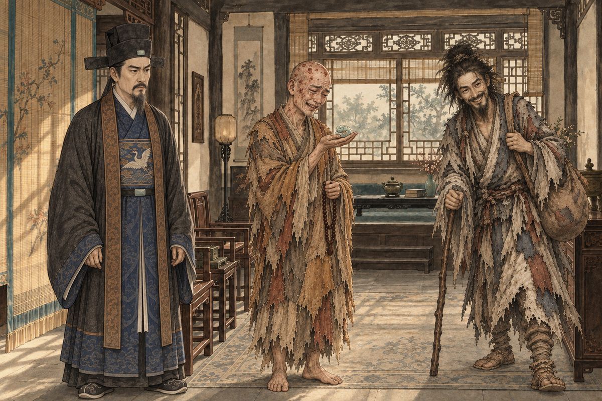 On the fourth day two coffins were ready, and Grandmother Jia screamed at whoever ordered them. Then a wooden fish was heard. A scabby monk and a lame Taoist were let in. The monk raised the jade and sighed that thirteen years had passed since Greensickness Peak. He blessed it and said to hang it over their door. That night both woke. Outside, Daiyu breathed, "Amitabha!"