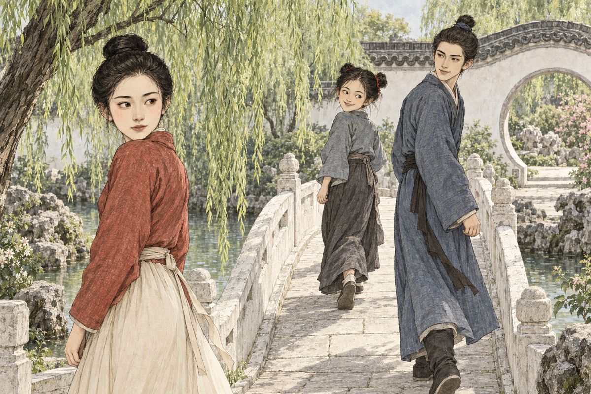 Once Baoyu was well again, Xiaohong kept wondering whether the handkerchief she had seen in Jia Yun's hand was the one she had lost. At the Wasp-Waist Bridge she met the little maid Zhui'er leading him to Happy Red Court. For one moment their eyes met; Xiaohong flushed and turned quickly away.