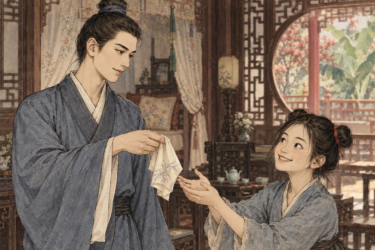 Jia Yun paid his call on Baoyu, and Zhui'er saw him out. Alone on the path, he asked about Xiaohong. Zhui'er said the girl kept asking after a lost handkerchief. Jia Yun had indeed found hers, but he kept it, and drew his own from his sleeve for Zhui'er to take back to her.