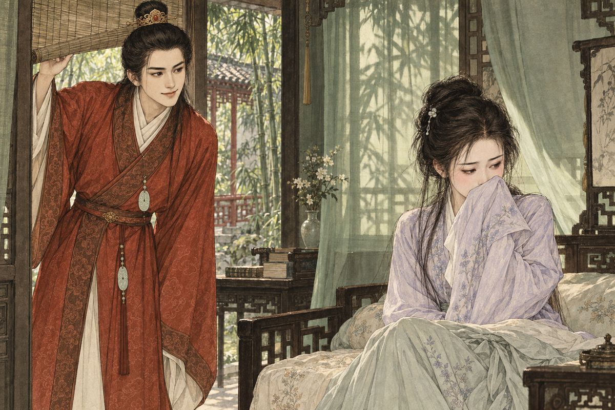 Wandering listlessly, Baoyu reached Bamboo Lodge and, pressing his face to the gauze window, heard Daiyu sigh a line from The Western Chamber: “Every day, love-sick, I drowse.” He came in laughing and asked her why. Daiyu hid her flushed face in her sleeve. When he teased her again with a bolder line from the play, she burst into tears.