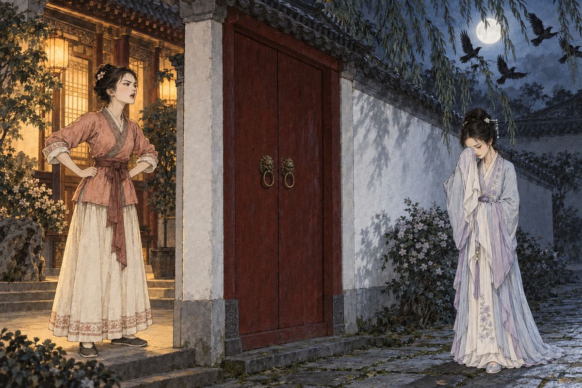 Baoyu was lured away by Xue Pan's false message that his father wanted him, and feasted until dark. That night Daiyu knocked at Happy Red Court. Qingwen, in a temper, called that no one was to be let in. Then Baoyu's and Baochai's laughter drifted out. Daiyu wept beneath the flowers by the wall, and the roosting birds flew off, unable to bear it.