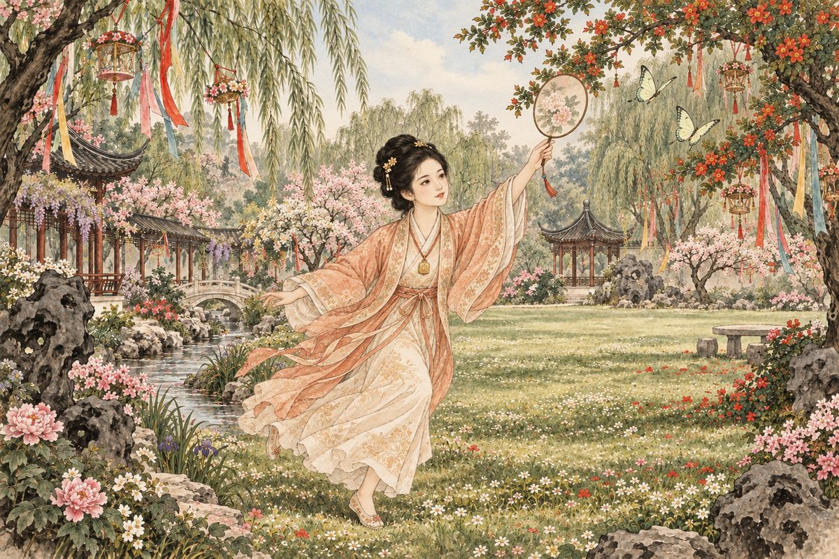 The next day was the Festival of Grain in Ear, when the garden bid the Flower Goddess farewell and every branch was hung with silk streamers. Baochai went to fetch Daiyu, but seeing Baoyu enter Bamboo Lodge, she tactfully turned back. A pair of jade-coloured butterflies lured her on with her fan, all the way to Dripping Green Pavilion.