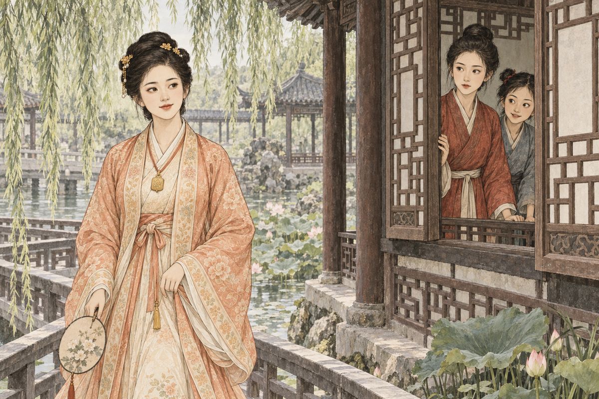 Inside the pavilion, Xiaohong and Zhui'er were whispering over the handkerchief and a keepsake for Jia Yun. When they went to push the lattices open, Baochai knew she would be caught eavesdropping. She stepped out loudly, calling Daiyu's pet name, “Pin'er, where are you hiding?” and asked them where Miss Lin had gone. Afterwards Xiaohong was sure Daiyu had overheard everything.