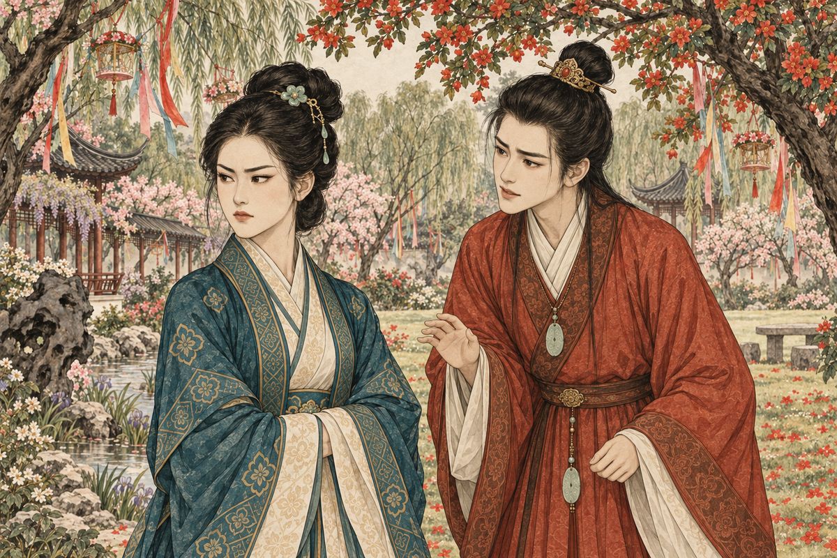 Soon after, Xifeng took a liking to Xiaohong's crisp speech and claimed her for her own service. Daiyu, still wounded, walked past Baoyu without a glance. Under a pomegranate tree, Tanchun heard that her mother, Concubine Zhao, grumbled she sewed shoes for Baoyu and not for her own brother, Huan. Her face darkened: she would acknowledge only her father and Lady Wang.