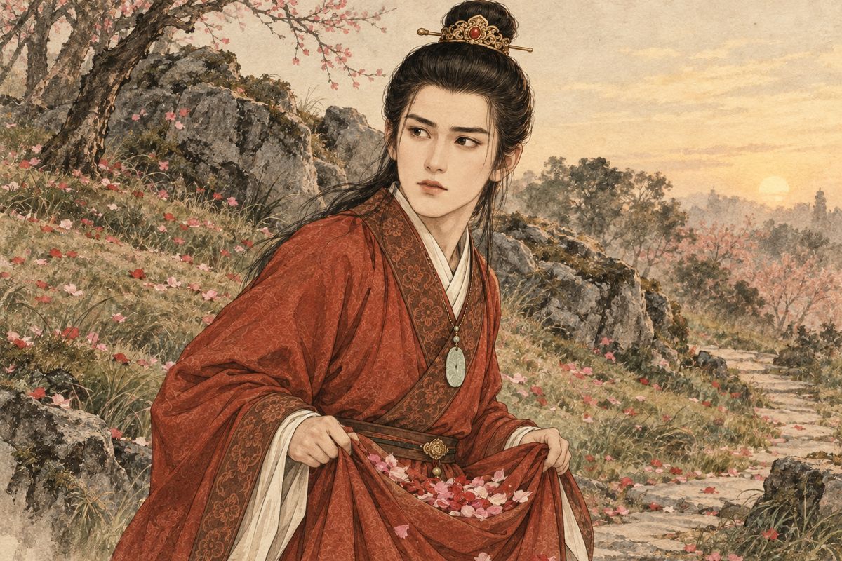 Seeing the fallen petals Daiyu had left unswept, Baoyu gathered them into the lap of his robe and carried them to the flower grave where the two of them had once buried peach blossoms. Before he rounded the hill, he heard someone on the far side weeping and murmuring words of grief. He stopped still and listened.