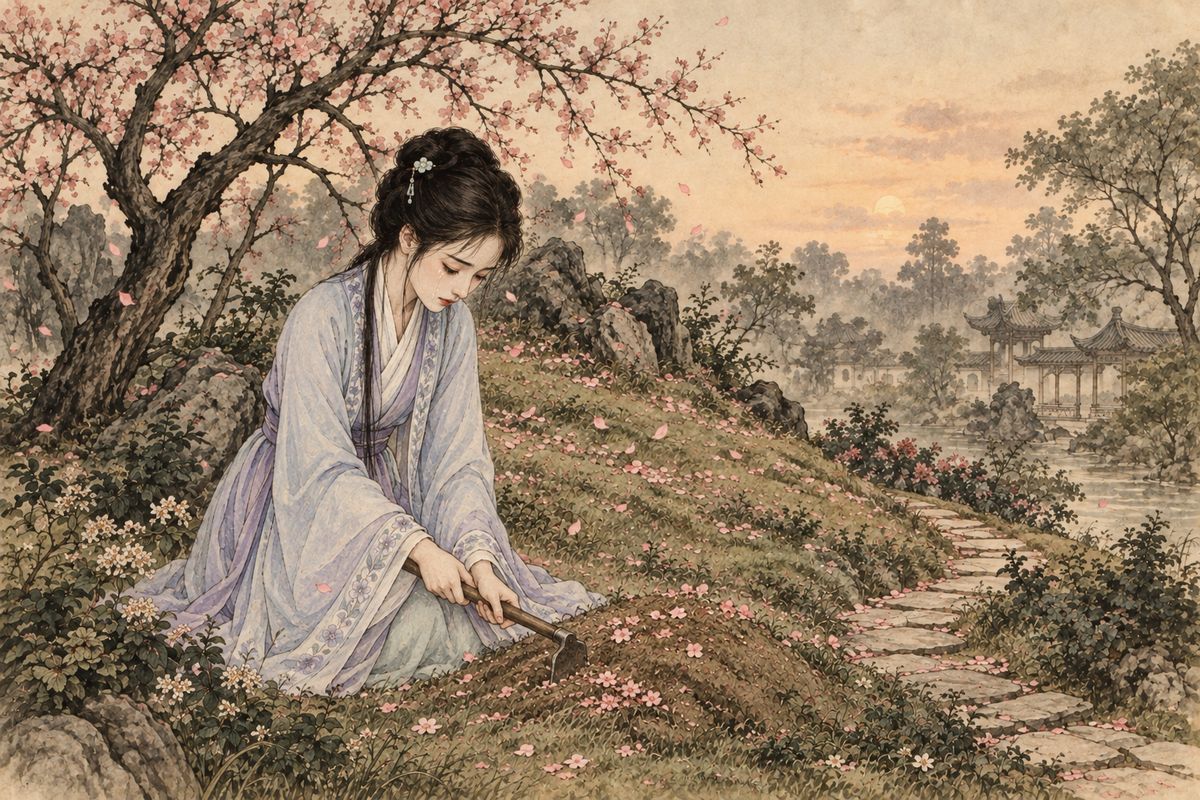 Still blaming Baoyu for the locked gate, Daiyu spent the Festival of Flowers alone at the flower grave, gathering fallen petals and burying them. Grieving for the blossoms as if for herself, she wept and chanted a lament: 'This year I bury flowers and am laughed at; who will bury me some year?'