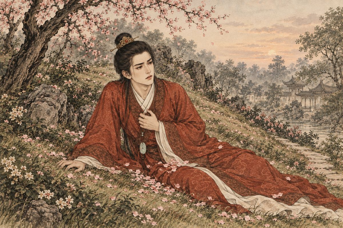 On the slope above, Baoyu heard her lines about spring ending and beauty fading, and collapsed on the hillside, the petals in his robe spilling across the ground. If Daiyu, Baochai, Xiren, and he himself, and even this garden must all vanish, what was left? Daiyu looked up, muttered 'you heartless...', and walked away.