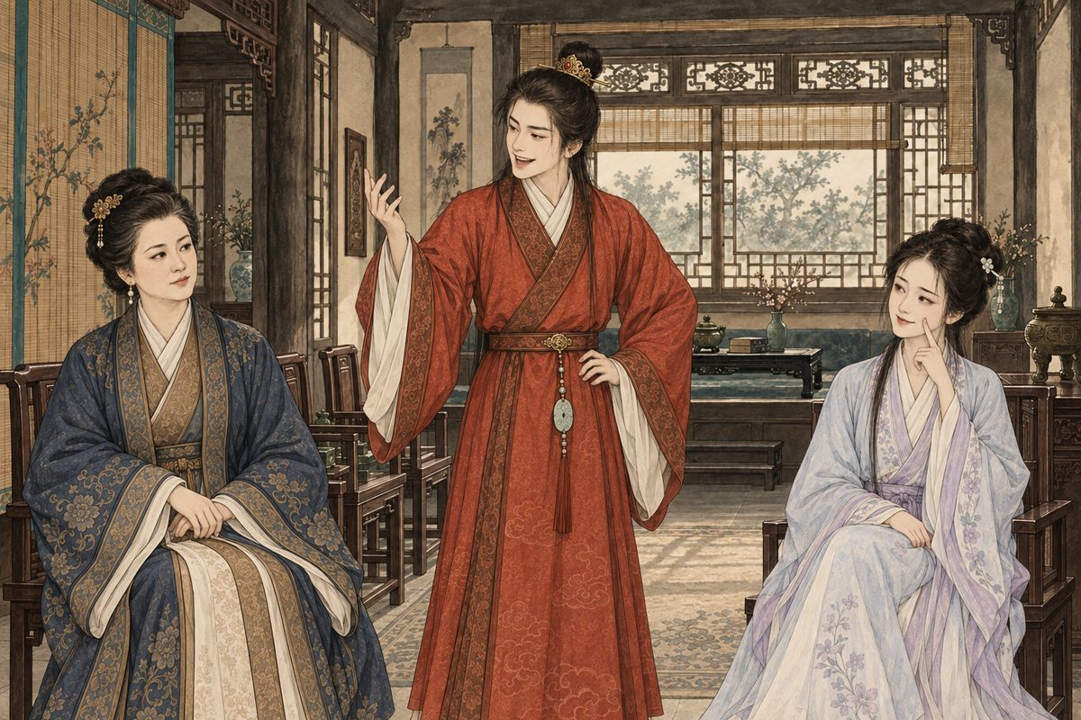 At lunch in Lady Wang's rooms, Baoyu boasted of a pill for Daiyu costing three hundred and sixty taels, made with pearls from ancient graves. Baochai refused to back him up, and Xifeng swore Xue Pan had truly asked her for pearls. Behind Baochai, Daiyu drew a finger down her own cheek to shame him for lying.