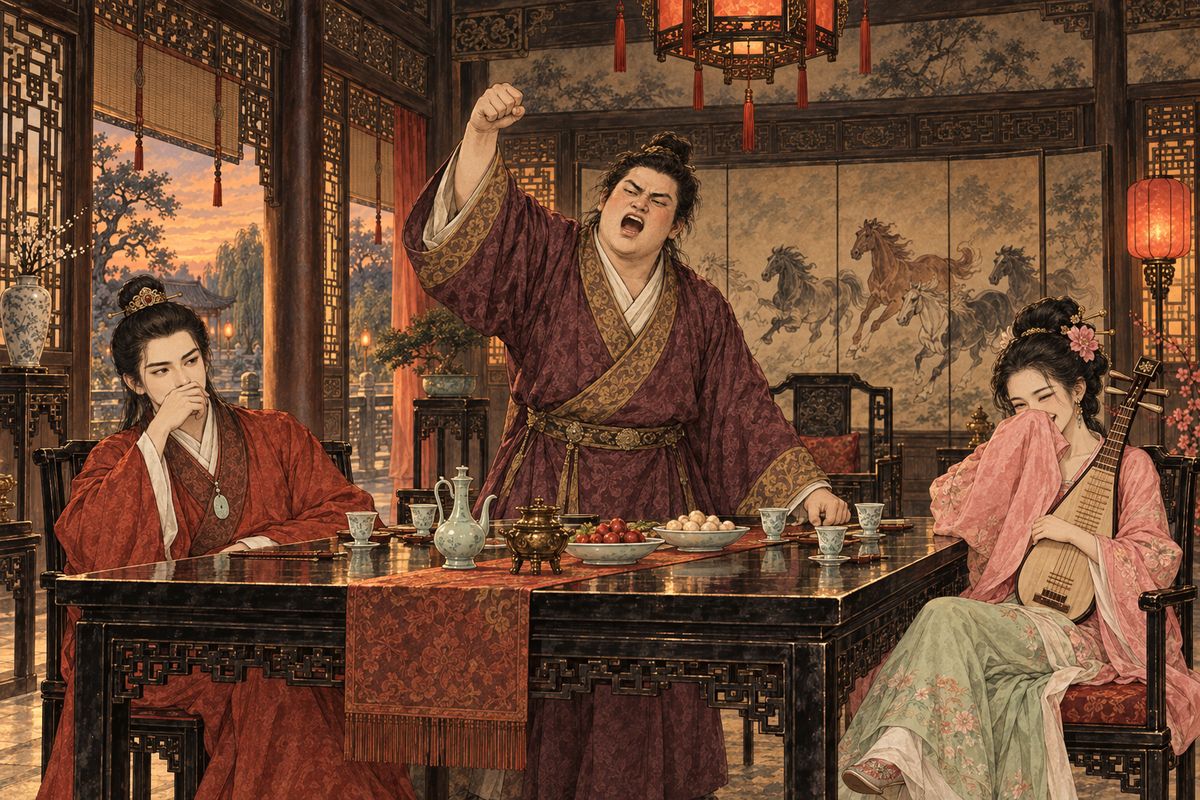 That afternoon Feng Ziying gave a drinking party for Baoyu, Xue Pan, the actor Jiang Yuhan and the singing girl Yun'er. Baoyu set a game of verses on a girl's sorrow, worry, joy and delight. At his turn Xue Pan glared, stammered, and blurted lines so crude the guests covered their faces, then sang a 'song' of buzzing mosquitoes.