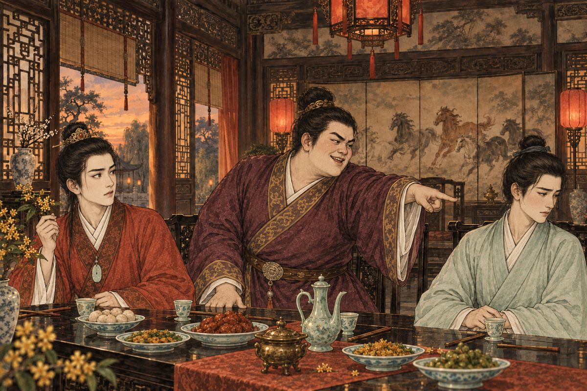 Jiang Yuhan ended his turn by lifting a sprig of osmanthus and quoting, 'The scent of flowers assails one; the day is warm.' Xue Pan leapt up demanding a forfeit: 'Assails One', Xiren, was the name of Baoyu's treasured maid. Baoyu flushed, and the actor, once told why, rose at once to apologise.