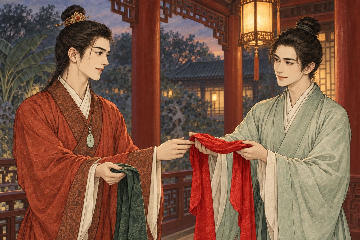 Outside on the veranda, Baoyu learned the actor was the famous Qiguan. He gave him a jade fan pendant. In return Qiguan untied a scarlet sash from the Queen of Qianxiang, a gift from the Prince of Beijing, which kept the skin fragrant in summer. Baoyu handed over his own pine-green sash in exchange: a small gift that would later cost him dearly.