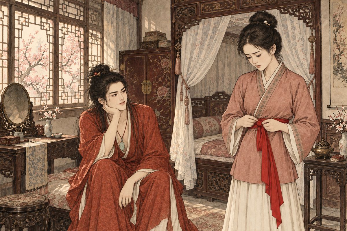 The pine-green sash had been Xiren's. She scolded him for giving her things to 'those low sorts' and went to sleep. At dawn she looked down and found the scarlet sash tied round her own waist; he had changed it in the night. She pulled it off in disgust, wore it to please him, and later tossed it into an empty chest.