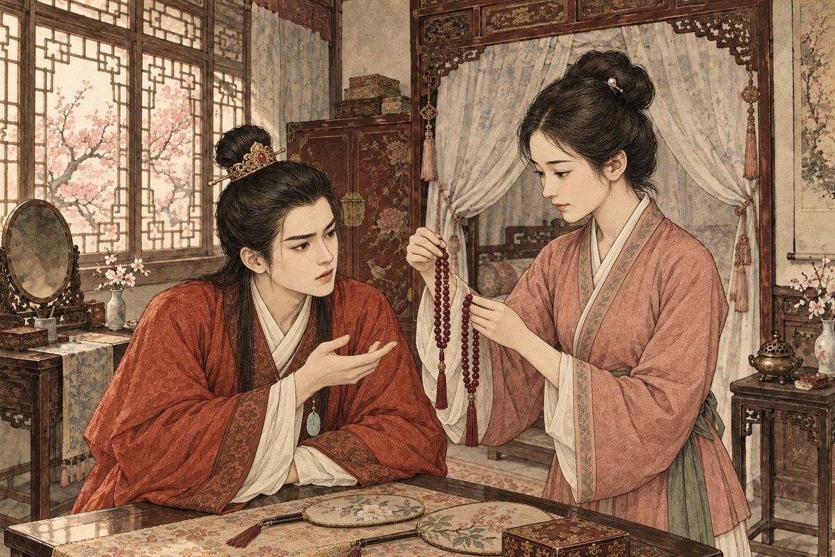 Xiren laid out the Consort's festival gifts: palace fans, red musk beads, fine gauze and a mat. Baoyu's set, she said, matched Baochai's exactly; Daiyu and the other girls had less. He sent his to Daiyu to choose from, but she refused, and later said bitterly she was no match for gold and jade, only 'a thing of grass and trees'.