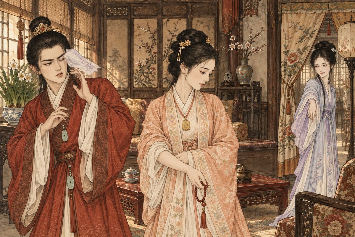 At Grandmother Jia's, Baoyu asked to see Baochai's red musk beads. As she worked them off her plump white wrist he gazed at her arm and face, forgot to take them, and she dropped them, embarrassed. Daiyu, standing in the doorway, said she had just seen 'a silly goose', and flicked her handkerchief straight into Baoyu's eye.