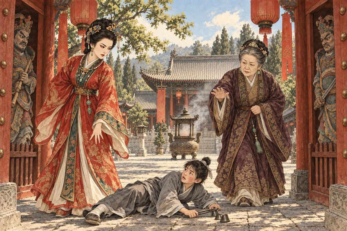 On the first of the fifth month, the Matriarch led a huge procession of sedan chairs and carriages to the Qingxu Temple for prayers ordered by the Imperial Consort. At the gate a little Taoist boy snuffing candles ran into Xifeng, and she knocked him down with a slap. Grandmother Jia had the frightened child brought to her, comforted him and gave him money.