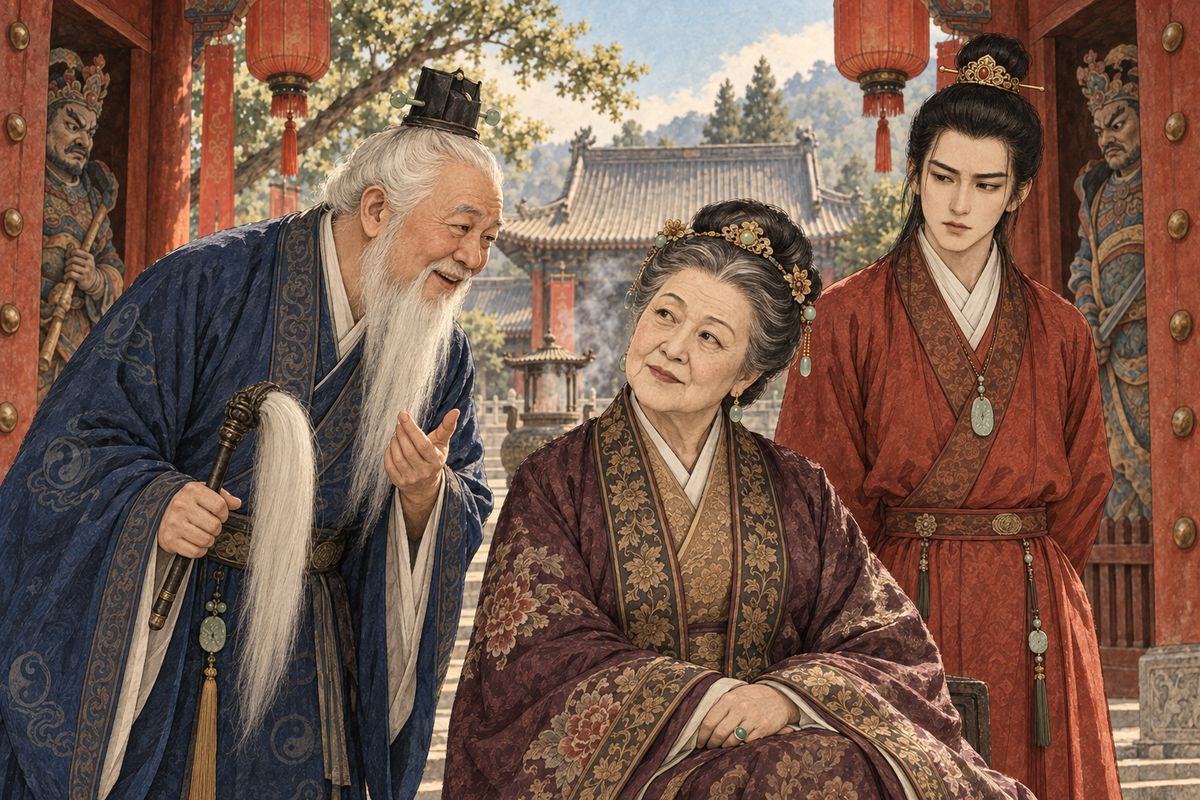 Old Abbot Zhang, who had once stood in for the Duke of Rongguo, wept that Baoyu was the very image of his grandfather. Then he mentioned a lovely girl of fifteen who might suit Baoyu as a wife. Grandmother Jia replied that a monk had said the boy must not marry young, and that looks and temper mattered more than wealth.