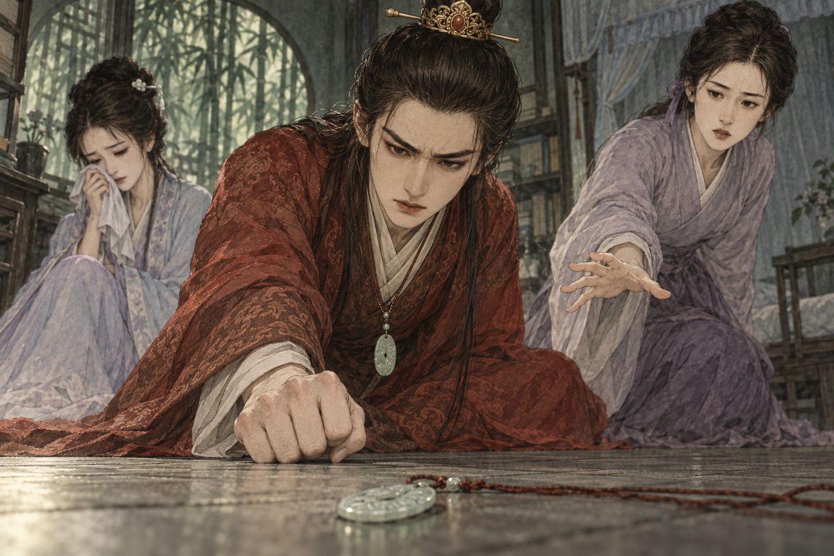 Baoyu came home angry at the talk of marriage. When Daiyu, ill with the heat, needled him about his 'good match', he tore the jade from his neck and hurled it down, then hunted for something to smash it with. Daiyu burst into tears, Zijuan tried to wrestle it away, and in the end only Xiren could take it from him.
