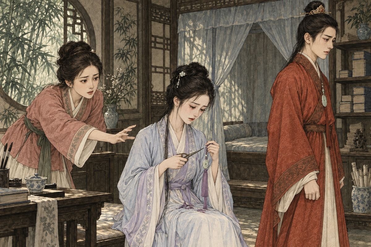 Daiyu vomited up her medicine, and Baoyu, seeing her so frail, began to weep. Xiren and Zijuan cried with them, and four people wept in silence. When Xiren said he should spare the jade for the sake of the tassel Daiyu had made, Daiyu seized scissors and cut the tassel to pieces. "You can cut it," said Baoyu. "I won't wear it anyway."