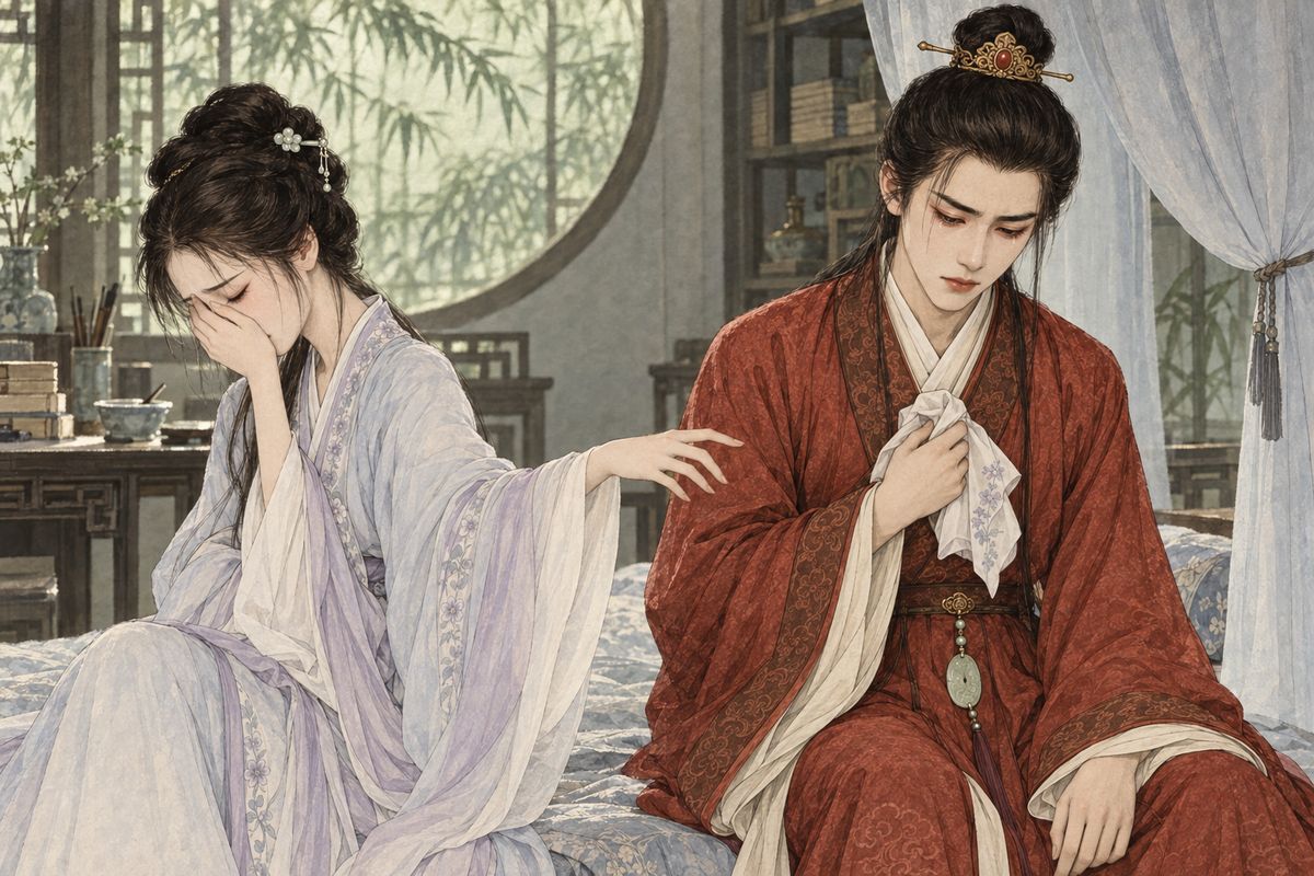 Grandmother Jia wept that the pair were 'destined enemies bound to meet'. Hearing it, both cried alone, one in Bamboo Lodge, one in Happy Red Court. Then Baoyu came to apologise. Seeing him wipe his tears on his new gauze sleeve, Daiyu said nothing and tossed her own handkerchief into his lap. Xifeng soon burst in and marched them both off to the Matriarch.