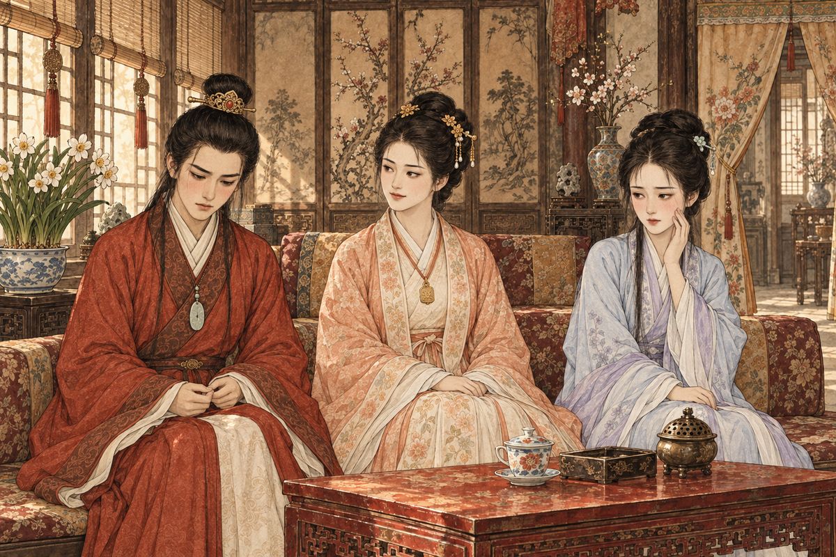 At Grandmother Jia's, Baoyu joked that Baochai was plump and felt the heat, like Consort Yang. She coldly replied that she had no brother fit to be Yang Guozhong. When Daiyu looked pleased, Baochai named the play 'Carrying Thorns to Beg Forgiveness', and both of them blushed. Xifeng asked who had been eating ginger, since the air felt so sharp.