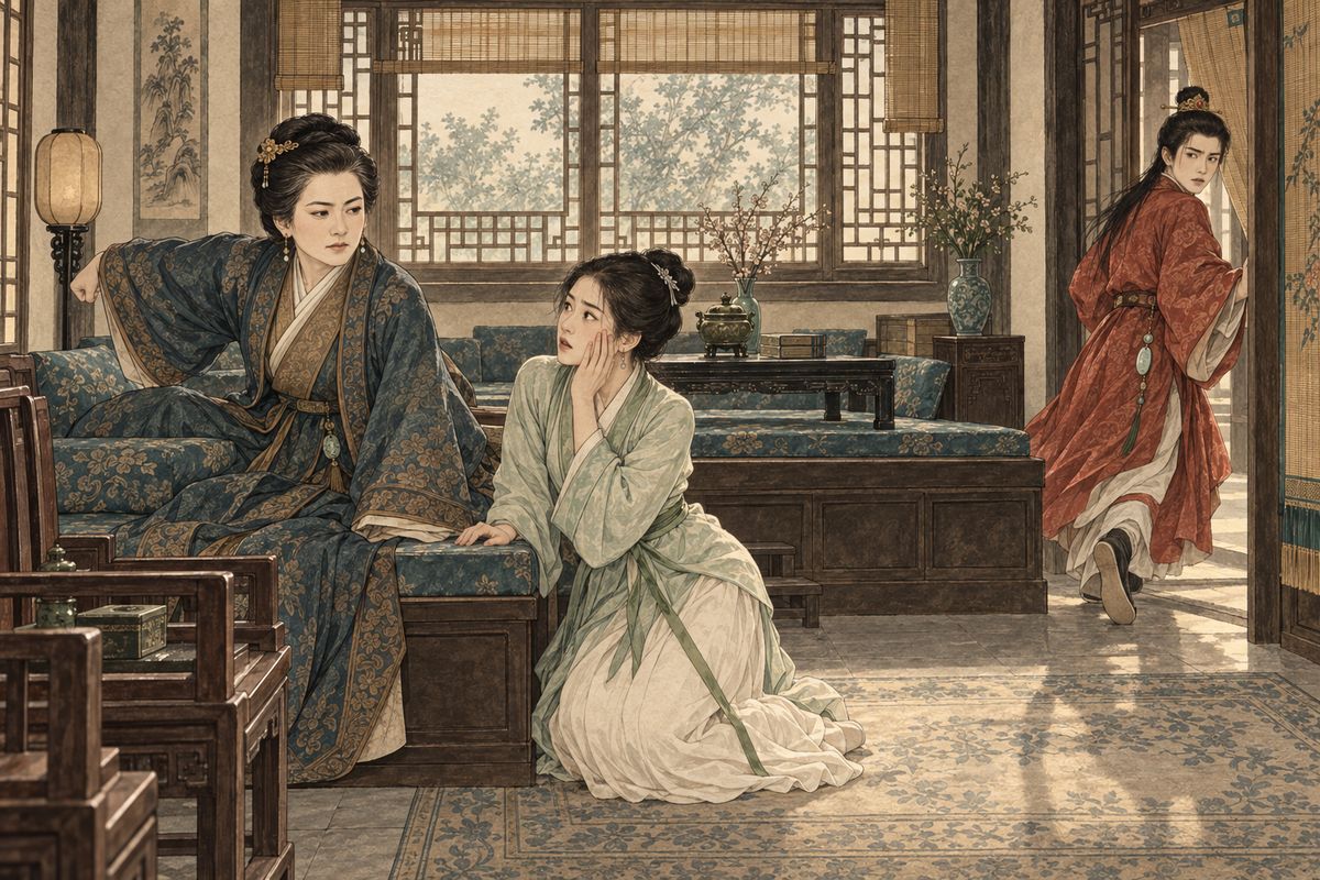 Baoyu wandered off into Lady Wang's rooms, where she dozed while her maid Jinchuan sleepily pounded her legs. He fed Jinchuan a scented pill and teased that he would ask for her. Lady Wang sat up and slapped her across the face, calling her a shameless hussy. Baoyu slipped away. Despite Jinchuan's pleading, she was sent home in disgrace.