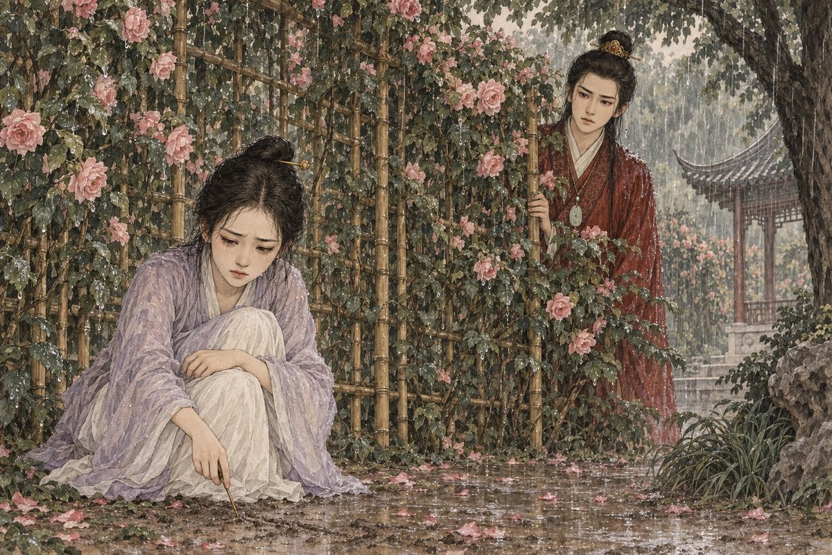 In the garden Baoyu heard sobbing under the rose trellis. A thin girl from the acting troupe, very like Daiyu, was scratching one character in the earth with her hairpin: 薔, the rose, over and over. A sudden downpour soaked her, and he called out to her to stop. Hidden by leaves, he was taken for a maid, and only then did he realise he was drenched too.