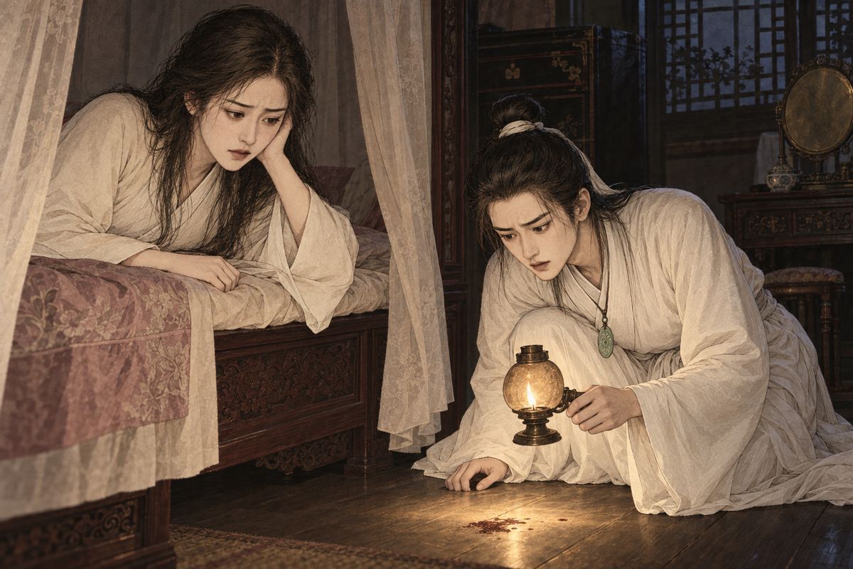 Soaked and furious at Happy Red Court's locked gate, Baoyu kicked whoever opened it, and it was Xiren. She laughed off the pain, but that night a bruise the size of a bowl darkened her side. When Baoyu brought a lamp to her bed, she coughed, and he saw fresh blood on the floor. "This is terrible!" he cried, and Xiren's heart went cold.