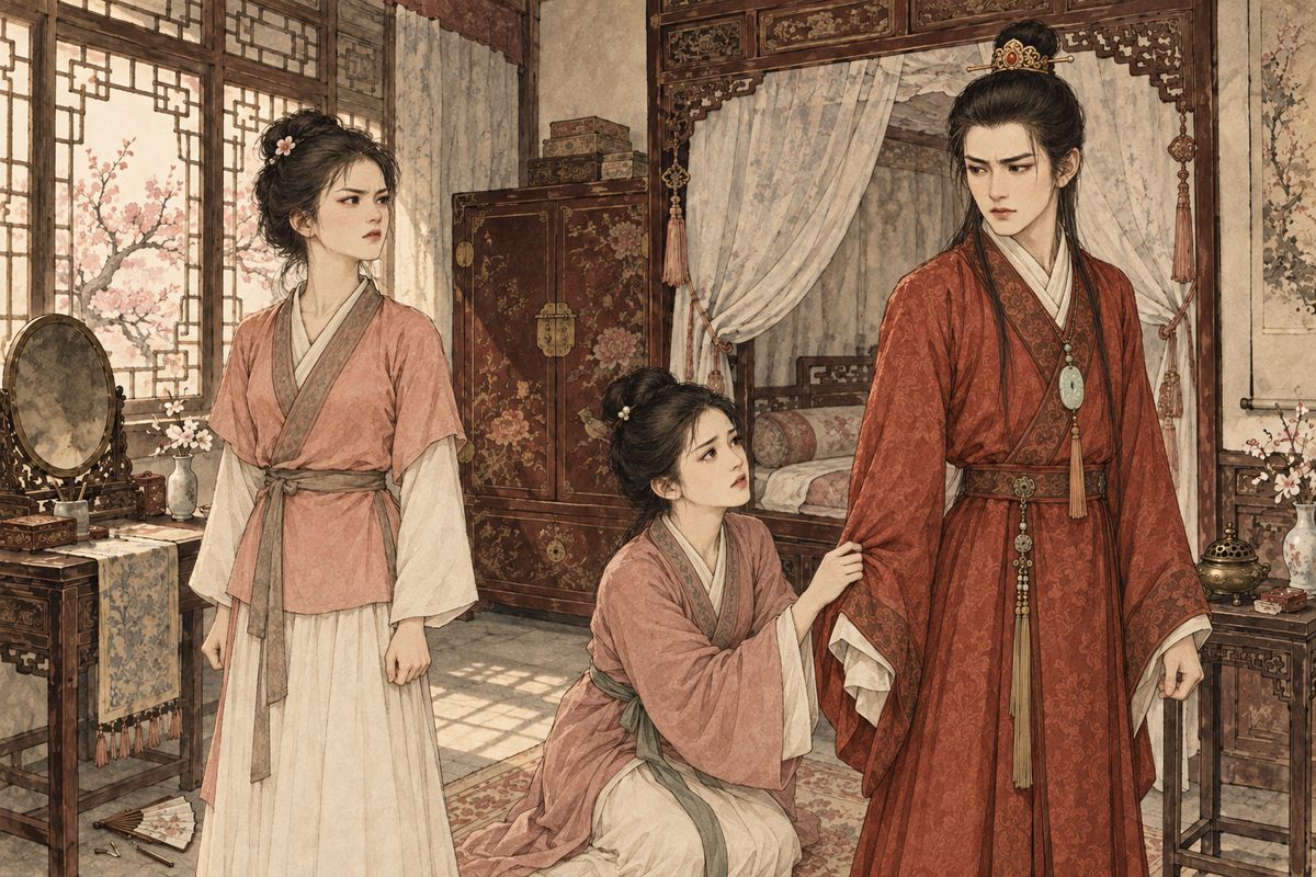 The Dragon Boat Festival banquet broke up early in gloomy silence. Back at Happy Red Court, Qingwen dropped Baoyu's fan and snapped its ribs. He scolded her, she answered back sharply, and the quarrel grew until he threatened to send her away. Xiren knelt to beg him, and all the maids came in and knelt with her.
