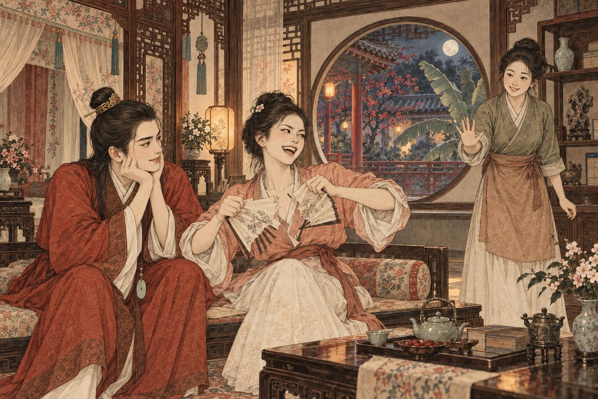 That night Baoyu came home tipsy and found Qingwen on the cooling couch, and they made peace. Fans are made for fanning, he said, but if she liked the sound of tearing she might tear them, as long as it wasn't in anger. She ripped his fan, then Sheyue's. 'A smile is worth a thousand gold,' he laughed.
