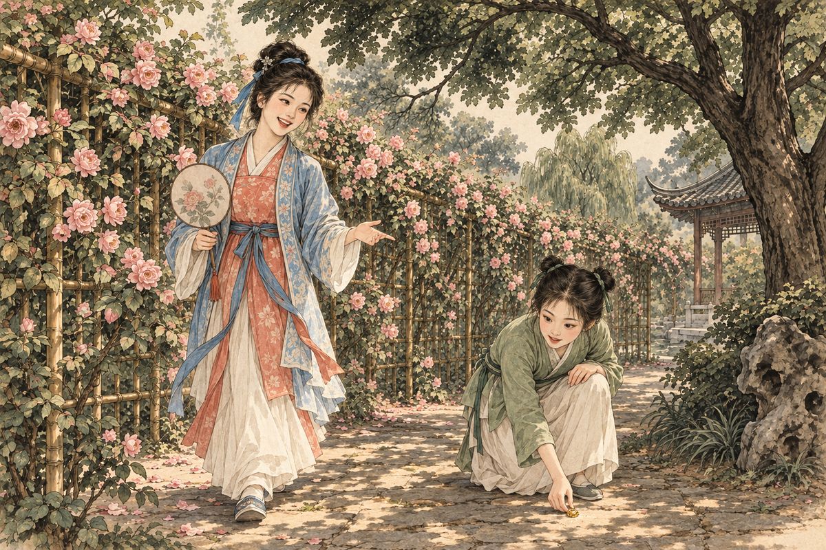 Next day Shi Xiangyun came to stay, bringing rings for the maids. Strolling through the garden, her maid Cuilü pestered her about yin and yang, and Xiangyun briefly explained: sun and moon, the two faces of a leaf, male and female creatures. Under the rose trellis, Cuilü noticed something glittering gold on the ground and snatched it up.
