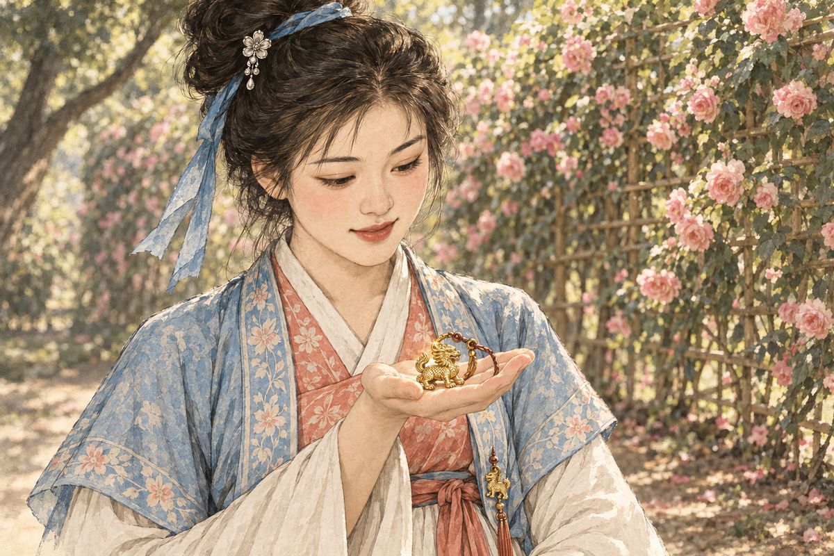 It was a golden qilin, larger and more finely worked than the one hanging from Xiangyun's own sash. She held it in her palm and fell silent, lost in thought. When Baoyu suddenly appeared she hid it, and only at Happy Red Court, when he found his qilin missing, did she hand it back.