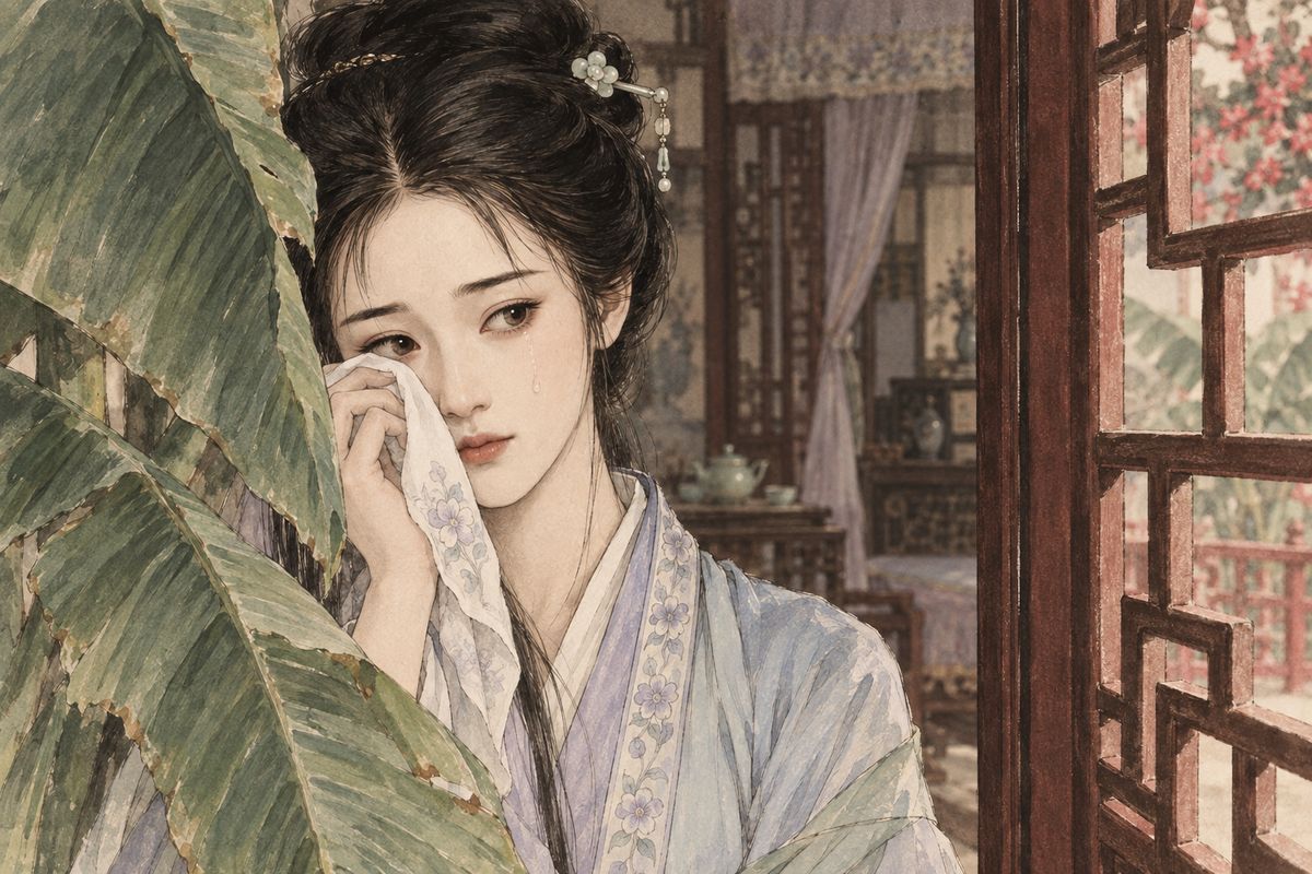 Daiyu, afraid the two qilins might bring Baoyu and Xiangyun together, had crept up to listen outside. Hearing him praise her so openly, she felt joy, alarm and sorrow all at once: he truly was her kindred spirit, yet she had no parents to speak for her, and her illness was growing. She wiped her tears and turned away.
