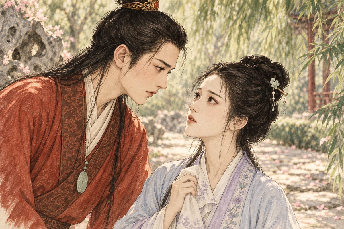 Baoyu hurried out and caught her wiping her eyes. When she teased him again about gold and qilins, he went red, the veins standing out on his brow, and she reached up to wipe his sweat. At last he said only, 'Set your heart at rest.' The words struck her like thunder; they gazed at each other, speechless, until she fled in tears.