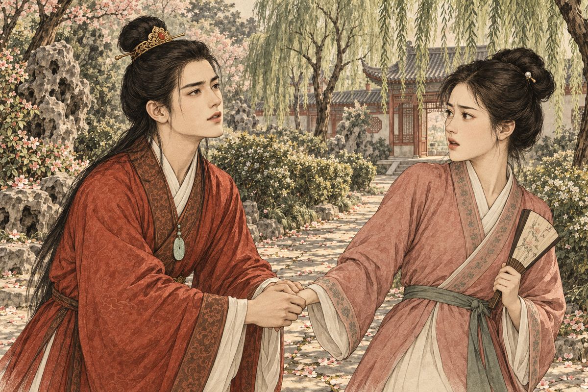 Baoyu stood there dazed. Xiren ran up with the fan he had forgotten, and, not seeing who it was, he seized her hand and poured out his heart: he was sick with love and dreamed of her day and night. Xiren was horrified. Coming to himself, he grabbed the fan and fled, crimson, leaving her fearing a scandal.