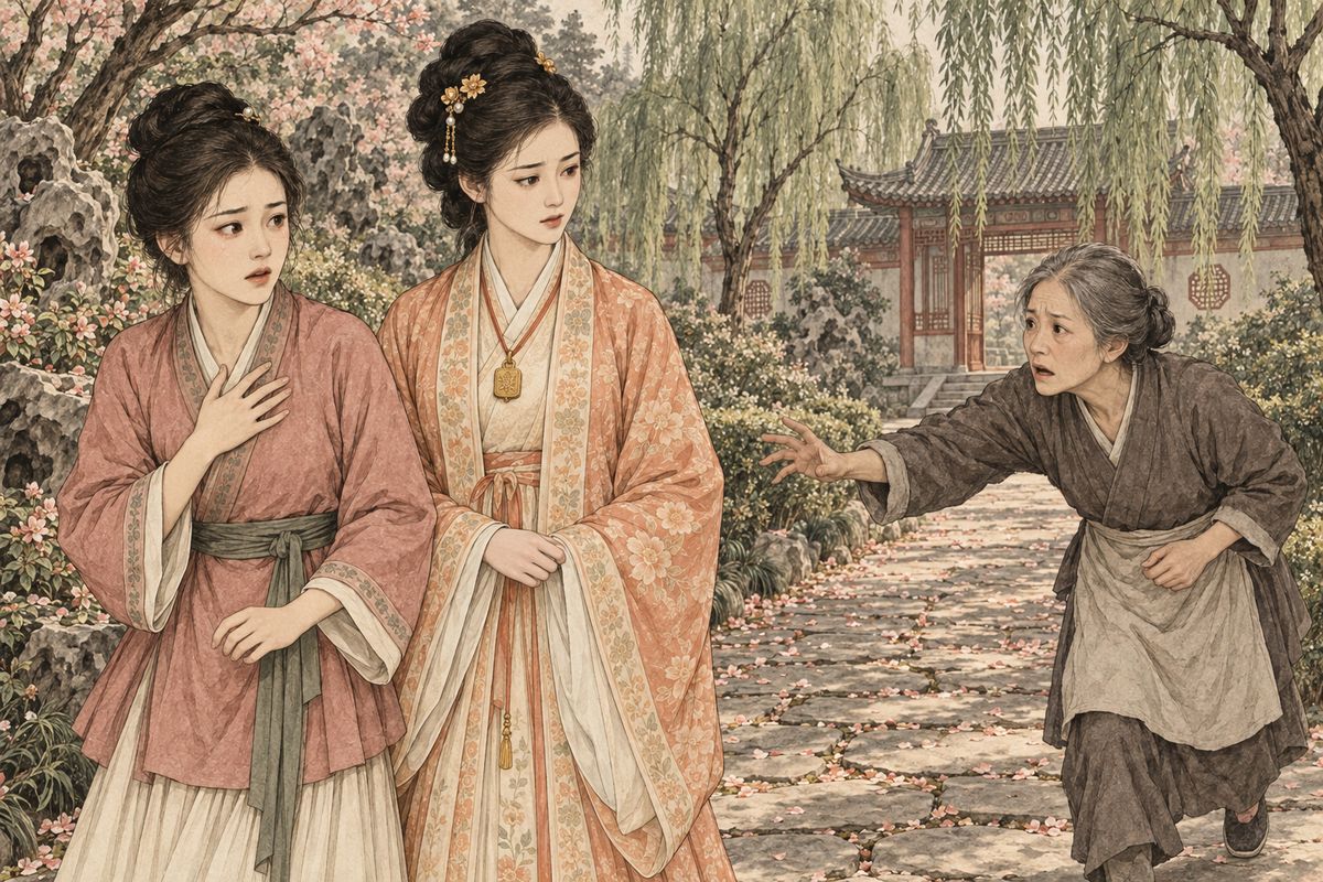 Baochai found Xiren lost in thought and offered to take on Xiangyun's sewing, since the girl was worked to exhaustion at home. Then an old serving woman rushed up: Jinchuan, sent away by Lady Wang days before, had thrown herself into the well in the southeast corner. They had only just pulled out her body. Xiren wept for her friend.