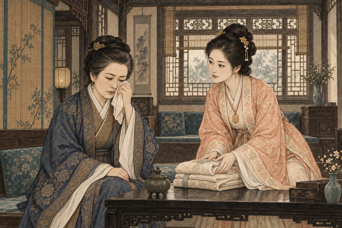 Baochai found Lady Wang weeping alone, blaming herself for Jinchuan's death. Baochai soothed her: surely the girl had slipped while playing by the well, and a gift of silver would honour the bond. Lady Wang wanted new clothes to dress the body; Baochai offered two sets of her own, unafraid of ill omen. When she returned with them, Baoyu was sitting in tears beside his mother.