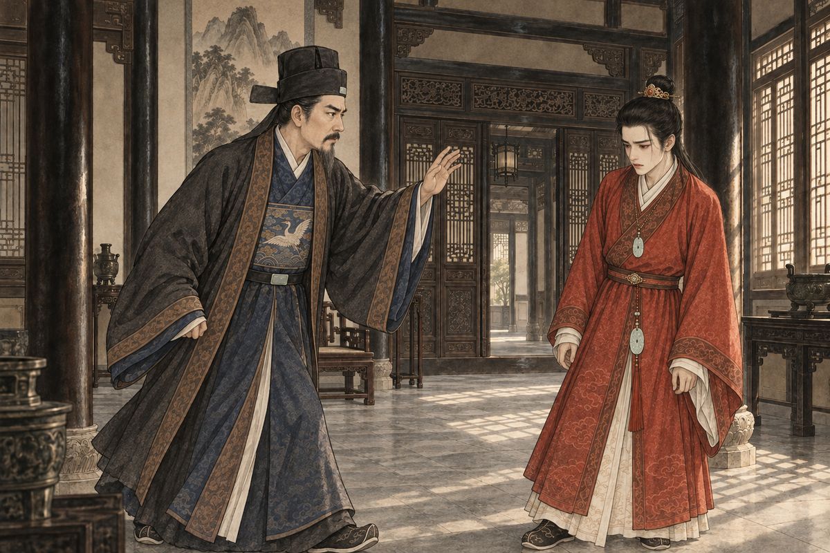 Stricken by news that Jinchuan had drowned herself, Baoyu wandered out of his mother's rooms in a daze, hands behind his back, head bowed. Turning past the screen door into the front hall, he ran straight into someone. "Stand still!" It was his father, Jia Zheng, who found his son's sighing, absent face intolerable.