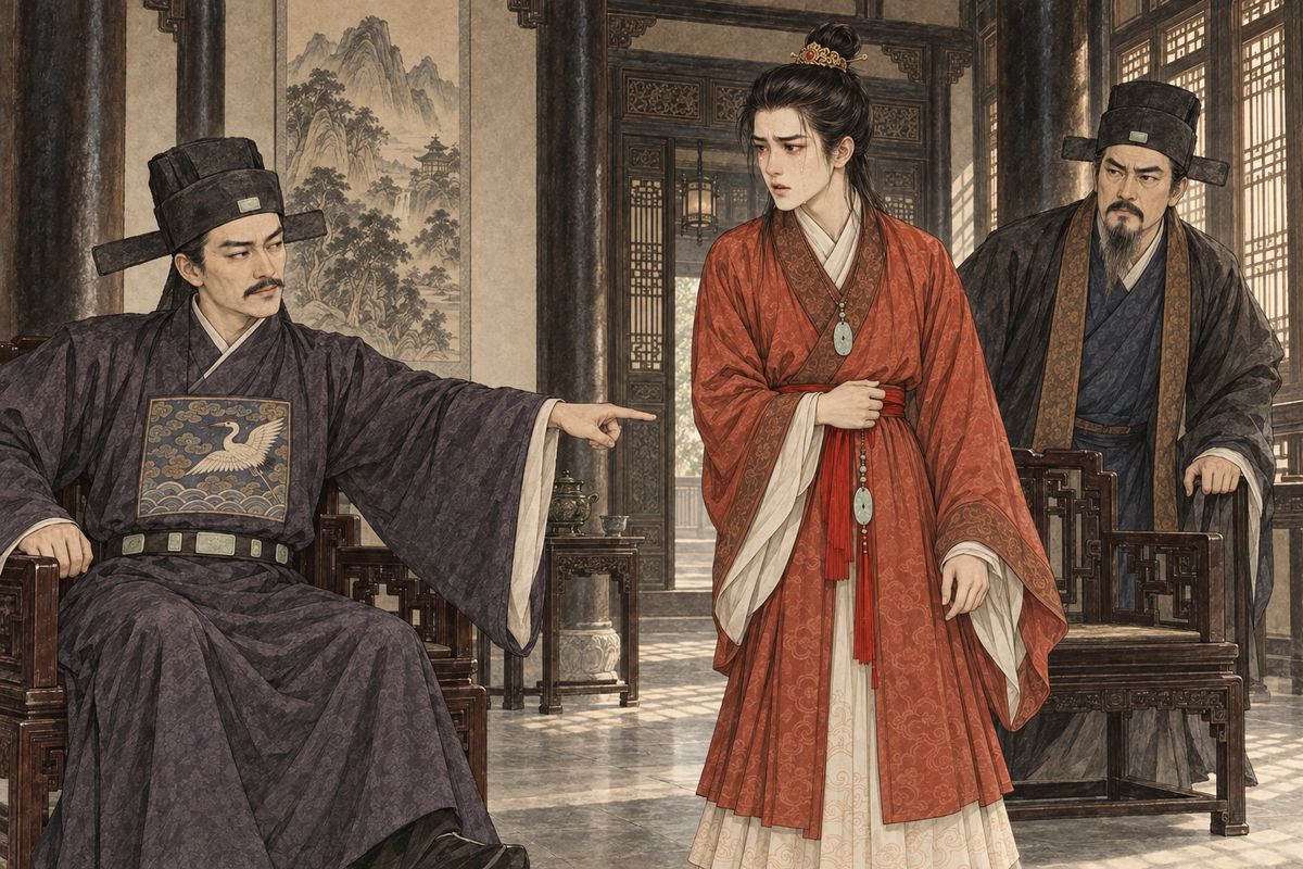 Then a caller came, from a household Jia Zheng never dealt with: the chief steward of Prince Zhongshun. The prince's favourite actor, Qiguan, had disappeared, and all the city said he was close to Baoyu. When Baoyu, sent for, swore he did not know the name, the steward smiled coldly: then how had Qiguan's red sash come to be tied around his waist?