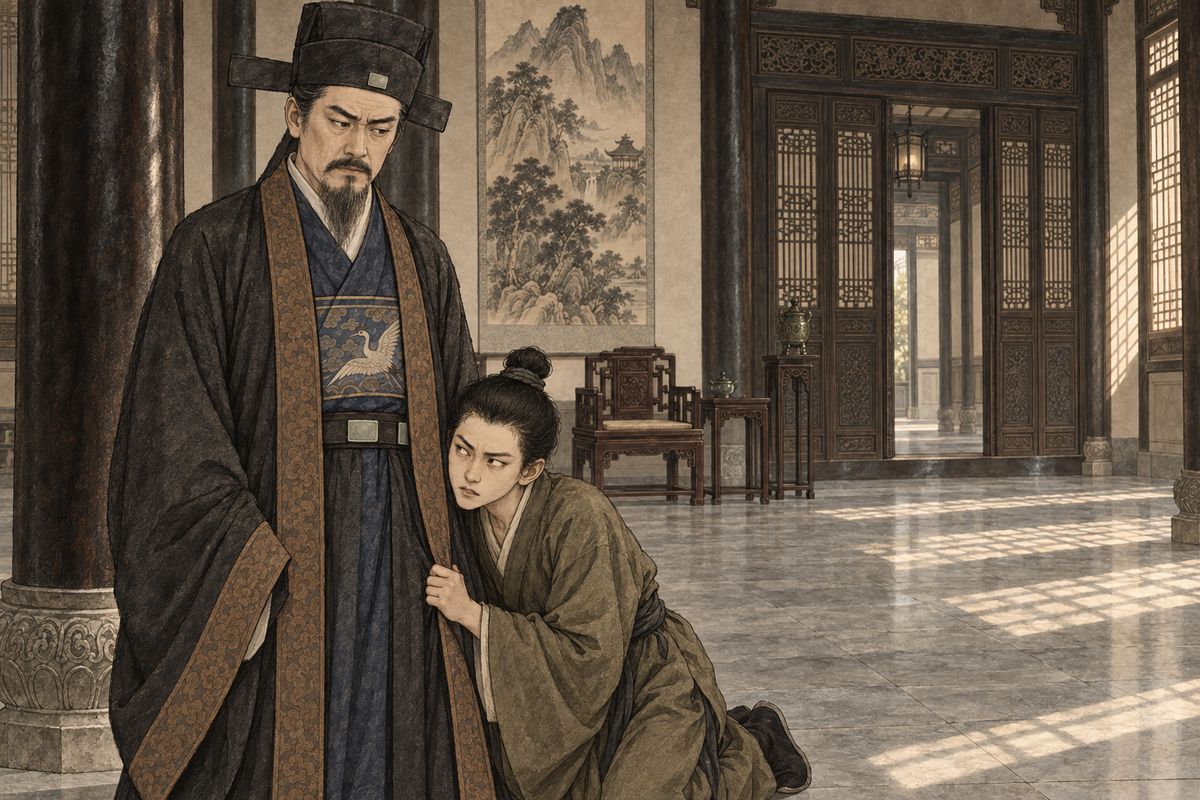 Seeing the steward out, Jia Zheng caught Jia Huan running wildly with his pages. The boy seized his chance: he had fled a drowned maid in the well. Then, kneeling at his father's knee, he whispered that his mother said Baoyu had tried to force himself on Lady Wang's maid Jinchuan, and when she refused he beat her, so she drowned herself.