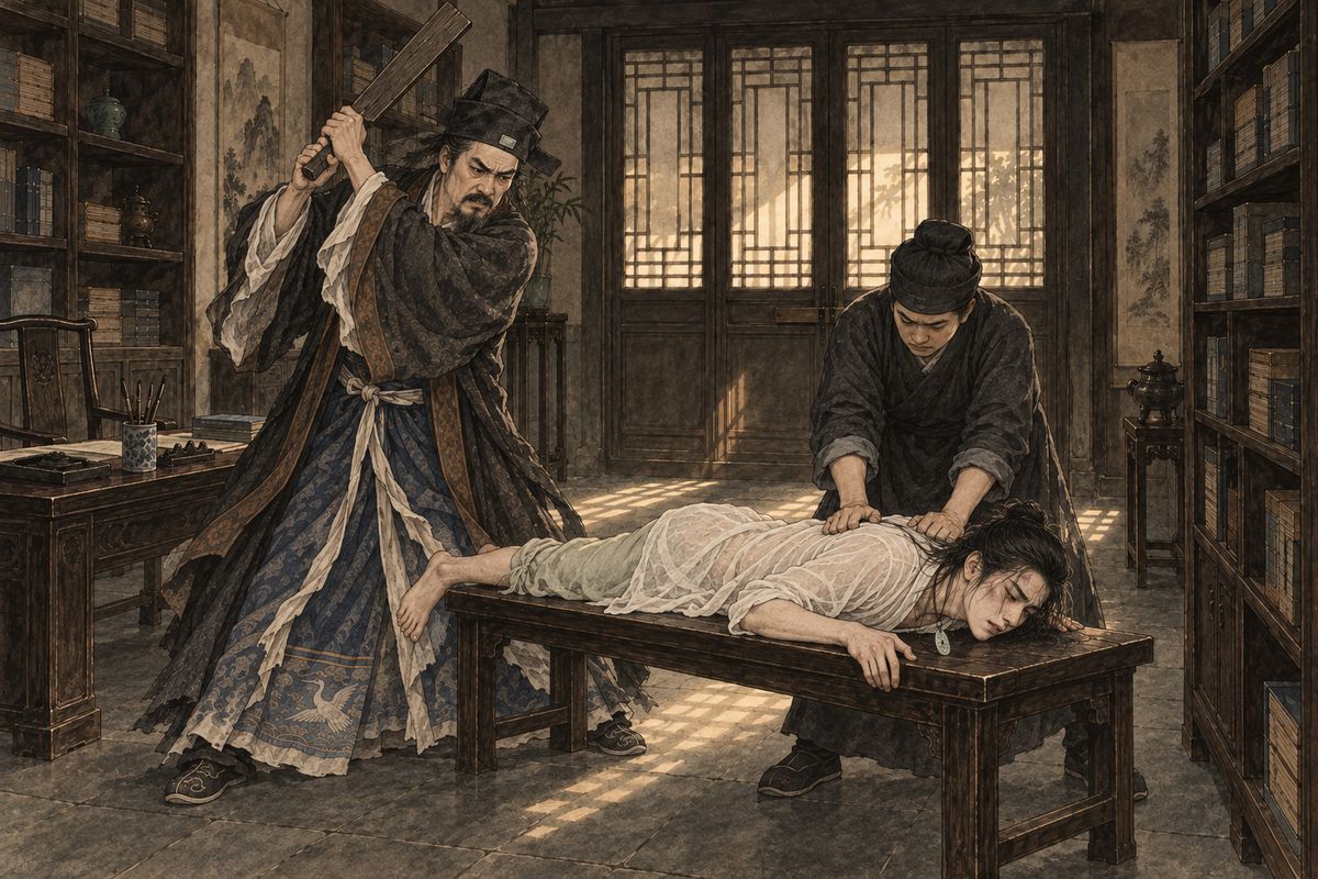 "Bring Baoyu! Bring the heavy rod! Shut every door!" Anyone who carried word inside would be beaten to death. Baoyu's only messenger, a deaf old woman, heard "urgent" as "the well". The pages pinned him on a bench and struck; Jia Zheng, finding the blows too light, kicked the man aside, seized the board himself and struck thirty or forty more, teeth clenched.