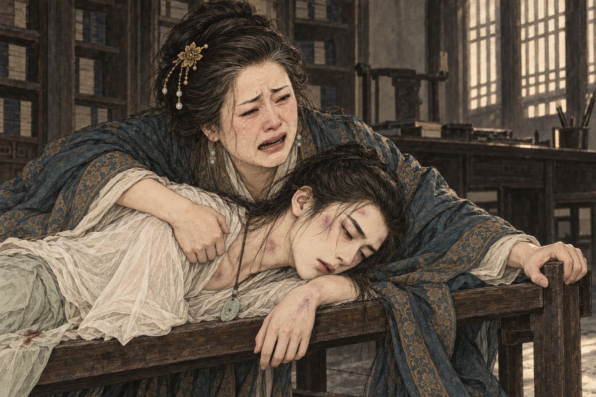 Word got through at last. Lady Wang rushed in, caught the board in her arms, and when he called for a rope to strangle the boy, threw herself over her son: strangle her first. Seeing the blood-soaked green gauze and the bruised flesh beneath, she wailed for her dead elder son: "Oh, Jia Zhu, if only you had lived!" Li Wan broke into sobs.