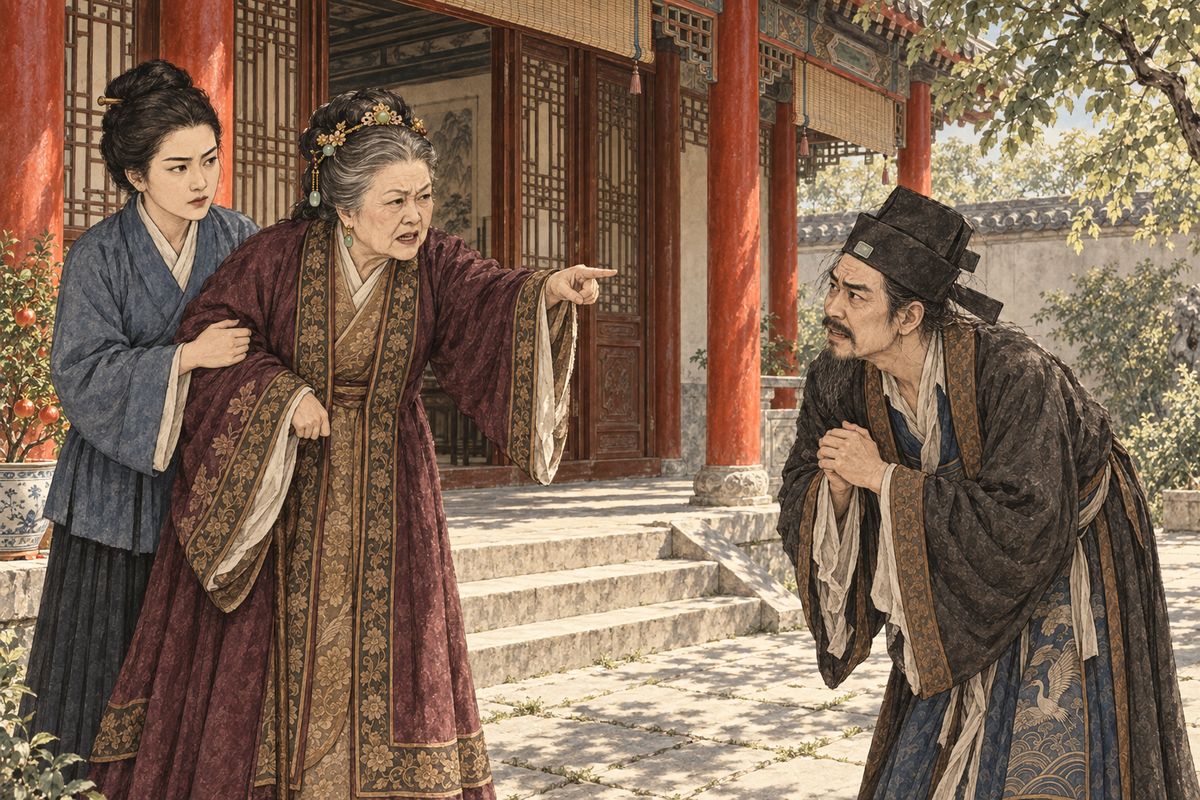 Then a trembling voice came from outside the window: "Kill me first, then kill him, and be done with it!" Grandmother Jia had come on a maid's arm, gasping in the heat. Jia Zheng hurried out and bowed with a forced smile, but she cut him short: she had never raised a good son, so who was she to talk to?
