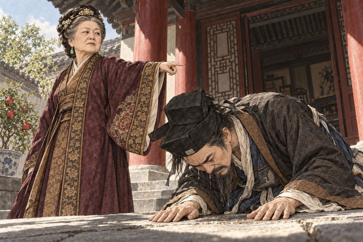 When he knelt, she spat: if one word was too much for him, how could Baoyu bear that rod? And how had his own father taught him? She called for sedan chairs to take her, Lady Wang and Baoyu straight back to Nanjing. Jia Zheng knocked his head on the ground and wept that she left him no place to stand.